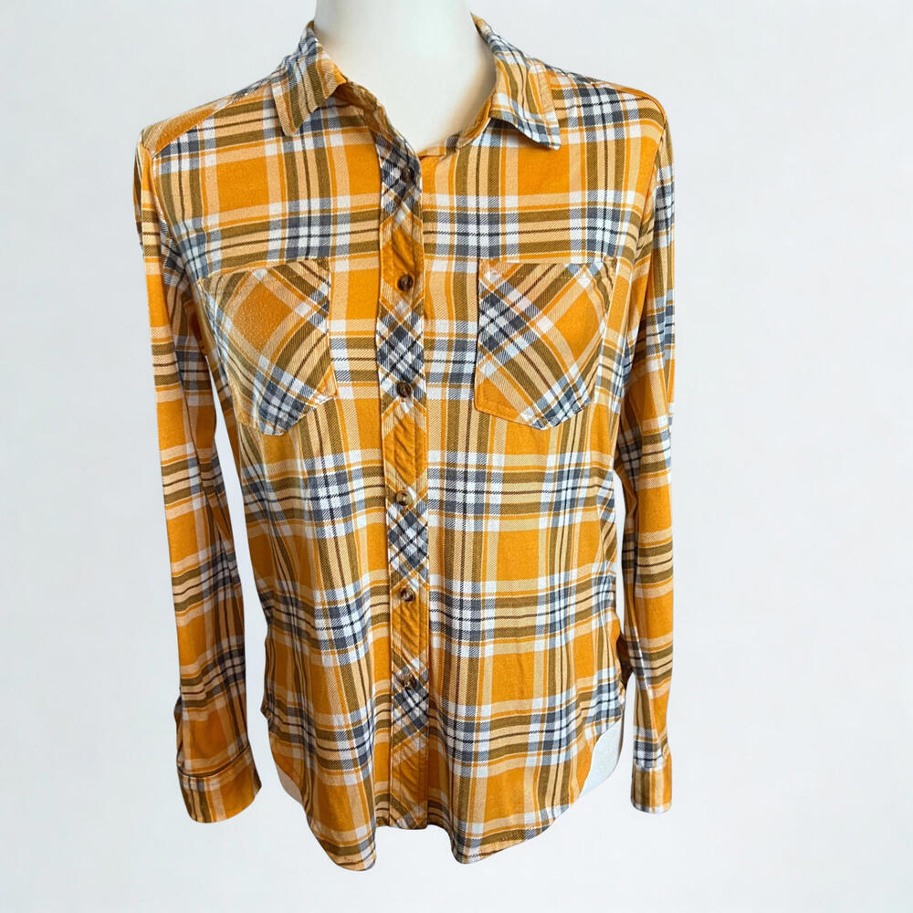 Eden & Olivia Plaid Button Down Yellow White & Black Women Pockets Size Small